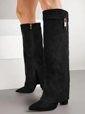 Czarne Kozaki na Obcasie z Wywiniętą Cholewką i Kłódką Latilira sergio todzi