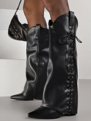 Czarne Kozaki na Obcasie z Wywiniętą Cholewką i Sznurowaniem Latisela ideal