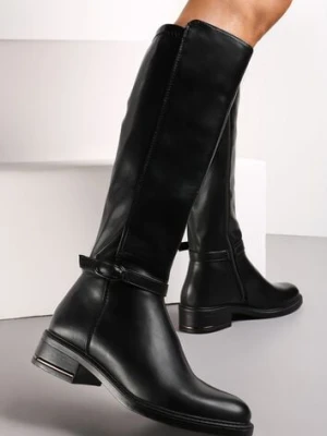 Czarne Kozaki na Płaskim Obcasie Muszkieterki z Klamrą Callela