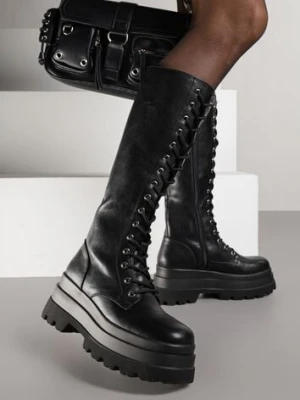 Czarne Kozaki na Platformie w Stylu Grunge Ozdobione Sznurowaniem Wiolara mellisa