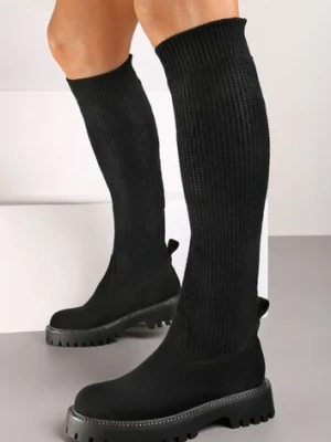 Czarne Kozaki na Platformie ze Skarpetową Cholewką Ozdobione Cyrkoniami Lerivara