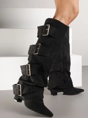 Czarne Kozaki na Słupkowym Obcasie z Klamrami i Cholewką Imitującą Nogawkę Arwellia ideal