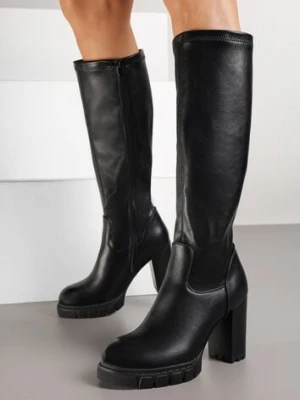 Czarne Kozaki na Słupku i Platformie z Dopasowaną Cholewką Latallea ideal