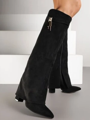 Czarne Kozaki na Słupku Ozdobione Metaliczną Kłódką i Wywiniętą Cholewką Lattorea sergio todzi