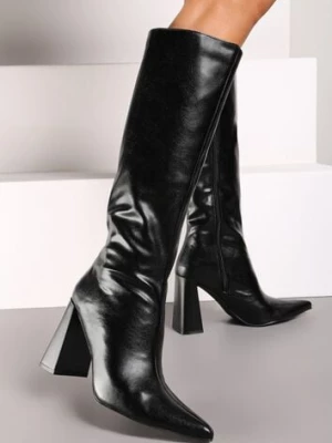 Czarne Kozaki na Słupku Ozdobione Szpiczastym Noskiem Lerelia