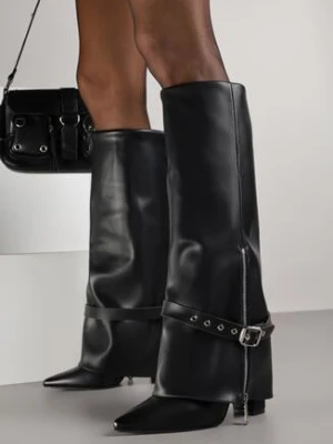 Czarne Kozaki na Słupku z Cholewką Imitującą Nogawkę z Klamerką i Suwakiem Fenneia ideal