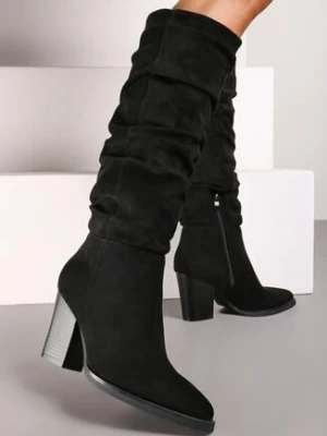 Zdjęcie produktu Czarne Kozaki na Słupku z Marszczoną Cholewką z Imitacji Zamszu Raivelle