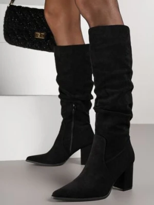 Czarne Kozaki na Słupku z Marszczoną Cholewką z Imitacji Zamszu Razialla marquiiz