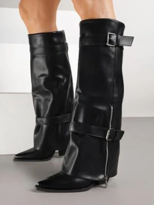 Czarne Kozaki na Stożkowym Obcasie z Wywiniętą Cholewką Klamrami i Suwakiem Ernenta ideal