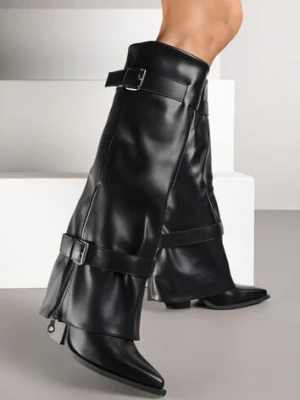 Czarne Kozaki na Stożku z Cholewką Imitującą Nogawkę z Klamrami i Suwakiem Erseria ideal