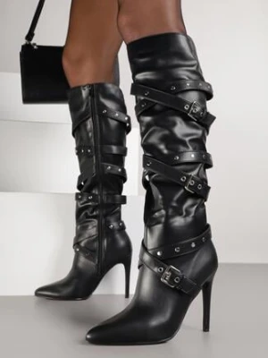 Czarne Kozaki na Szpilce Typu Bikery z Ozdobnymi Paskami i Klamrami Jeslife tulipano