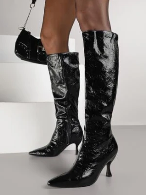 Czarne Kozaki na Szpilce Vices z Marszczoną Cholewką z Efektem Spękań Tidvire