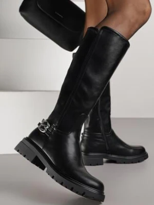 Czarne Kozaki Oficerki na Grubej Podeszwie Zdobione Klamrami przy Kostce Saliseva m.daszynski