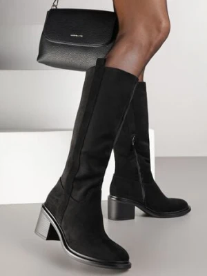 Czarne Kozaki Oficerki Vices na Obcasie Zdobione Paskami przy Cholewce Giorela