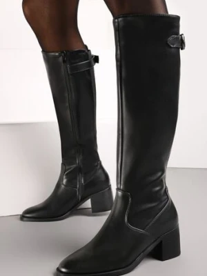 Czarne Kozaki Przed Kolano na Słupku z Ozdobnym Paskiem i Przeszyciami Celinna ballada