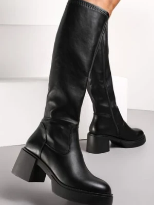 Czarne Kozaki Przed Kolano z Ekoskóry na Słupku Zapinane na Zamek Stallata