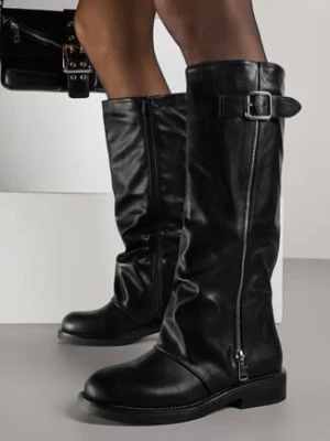 Czarne Kozaki Typu Bikery Ozdobione Suwakiem i Klamrą Linvera