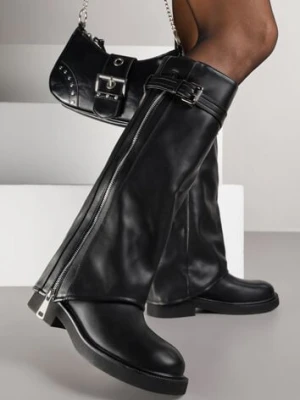 Czarne Kozaki Typu Bikery Ozdobione Suwakiem Klamrą i Wywiniętą Cholewką Sovera joalice paris