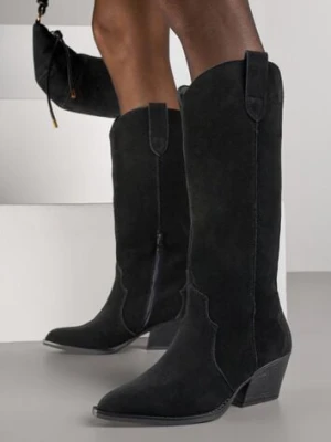 Czarne Kozaki Typu Kowbojki na Stożku z Naturalnego Zamszu Adeora ideal