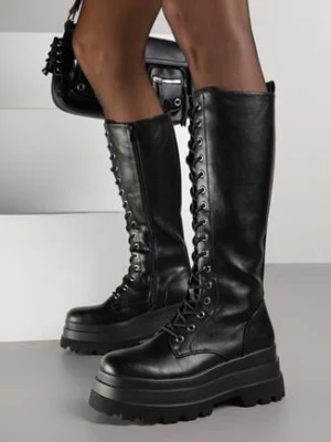 Czarne Kozaki Typu Workery na Grubej Podeszwie ze Sznurowaniem Wiorissa mellisa