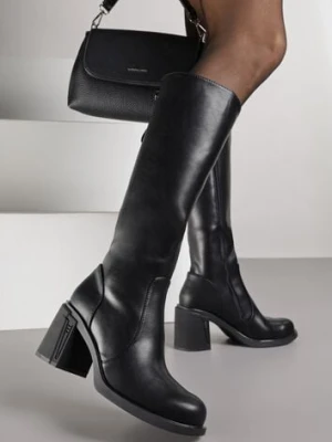 Czarne Kozaki VICES na Słupku ze Skóry Naturalnej Ozdobione Aplikacjami Refesa