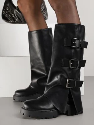 Czarne Kozaki VICES z Cholewką Imitującą Nogawkę z Klamrami Analeria