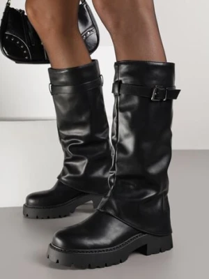 Czarne Kozaki VICES z Marszczoną Cholewką Imitującą Nogawkę ze Sprzączką Valles