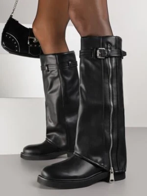 Czarne Kozaki w Stylu Bikerów z Wywiniętą Cholewką Suwakiem i Klamrą Siriselle joalice paris