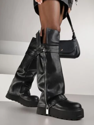 Czarne Kozaki w Stylu Grunge na Grubej Podeszwie z Wywijaną Cholewką Olentie joalice paris