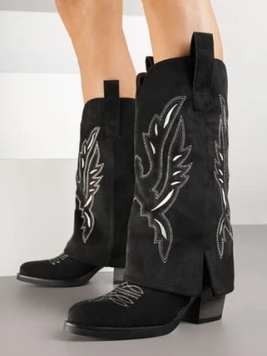 Czarne Kozaki w Stylu Kowbojek na Słupku z Haftem i Wywiniętą Cholewką Emmiste super mode