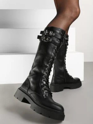 Czarne Kozaki Workery na Grubej Podeszwie Ozdobione Klamrami i Sznurowaniem Aflorentia