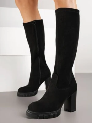 Czarne Kozaki z Imitacji Zamszu na Obcasie Typu Słupek Rilaresa ideal