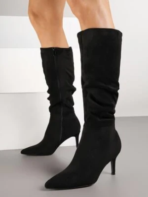 Czarne Kozaki z Imitacji Zamszu na Szpilce z Marszczoną Cholewką Rilareia ideal