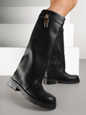 Czarne Kozaki z Prostą Cholewką i Metaliczną Aplikacją Nalosela joalice paris