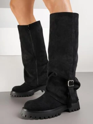 Czarne Kozaki z Wywiniętą Cholewką i Paskiem Latalora marquiiz