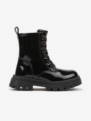 Czarne Lakierowane Botki na Grubej Podeszwie w Stylu Workerów Lerissha vices