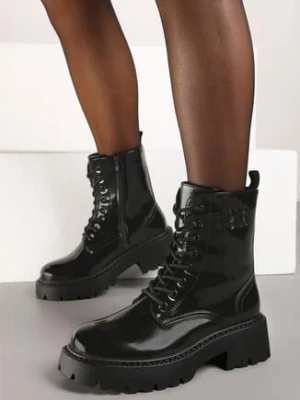 Czarne Lakierowane Botki Workery Vices na Grubej Podeszwie ze Sznurowaniem i Tłoczeniem na Cholewce Neathren
