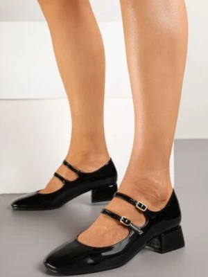 Czarne Lakierowane Czółenka na Niskim Słupku ze Sprzączkami Nevsha