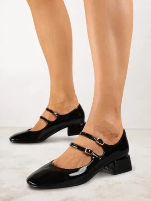 Czarne Lakierowane Czółenka na Obcasie Ozdobione Paskami ze Sprzączkami Vomera vices