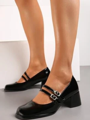 Czarne Lakierowane Czółenka na Słupku z Kwadratowym Noskiem i Podwójną Klamrą Dumi