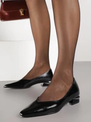 Czarne Lakierowane Czółenka Vices ze Skórzaną Wkładką na Obcasie z Aplikacją Celvila