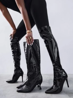 Czarne Lakierowane Kozaki Vices na Szpilce z Marszczoną Cholewką Calavelie