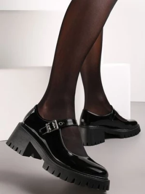 Czarne Lakierowane Półbuty z Paskiem na Niskim Słupku Hubertia