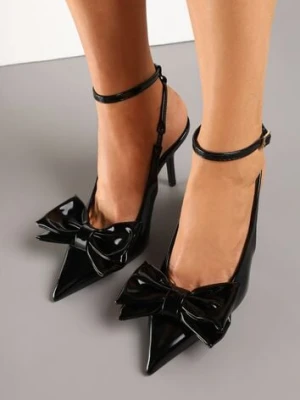 Czarne Lakierowane Sandały na Szpilce Vices z Dużą Kokardką Bez Pięty Velozia