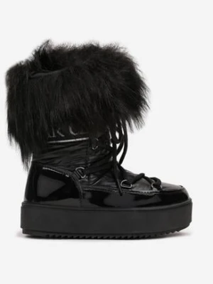 Czarne Lakierowane Śniegowce na Platformie z Futerkiem Neake
