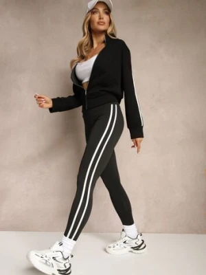Czarne Legginsy High Waist z Push-Upem z Elastycznego Materiału z Lampasami Ateria yu & me