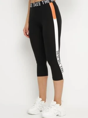 Czarne Legginsy Sportowe z Lampasem i Napisami Glequella
