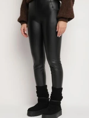 Czarne Legginsy z Ekoskóry z Guzikami Wysokim Stanem i Gumką w Talii Sintheria defox