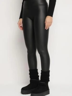 Czarne Legginsy z Ekoskóry z Szerokim Pasem w Talii Sennallas