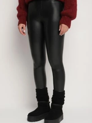 Czarne Legginsy z Ekoskóry z Wysokim Stanem i Imitacją Kieszeni Merievia defox